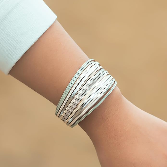 FANCY SHINY Boho Leather Wrap Bracelet Stackable Layered Bangle Cuff with Magnetic Clasp