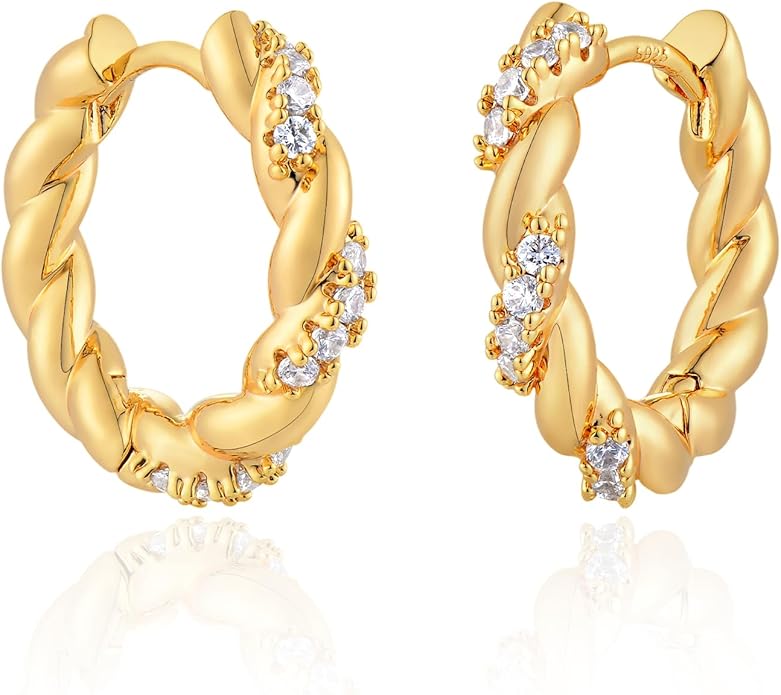 Gold Huggie Hoop Earrings 14K Gold Plated Dainty Chunky Thick Hoop Diamond Cubic Zriconia Inlay Sleeper Tiny Delicate Boho Beach Simple Hypoallergenic Jewelry Gift for Her