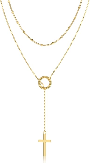 LOVELUCK Long Lariat Necklace for Women,Dainty Layered Y-Shaped Necklaces 14k Gold/Silver Plated Drop Chain Trendy Christmas Jewelry Gifts