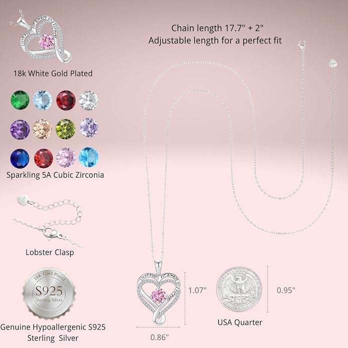Birthstone Infinity Heart Necklace for Women Wife Girlfriend Mom Daughter Gifts S925 Silver Jewelry For Anniversary Rose Gold Gifts For Birthday Christmas Mothers Valentines Day