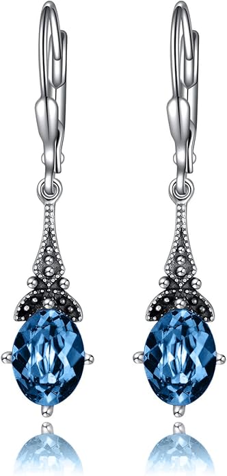 AOBOCO Vintage Earrings for Women Sterling Silver Retro Drop Dangle Leverback Earrings with 8x6mm Oval Genuine or Simulated Birthstone Crystal from Austria, Anniversary Jewelry Gifts for Her Women