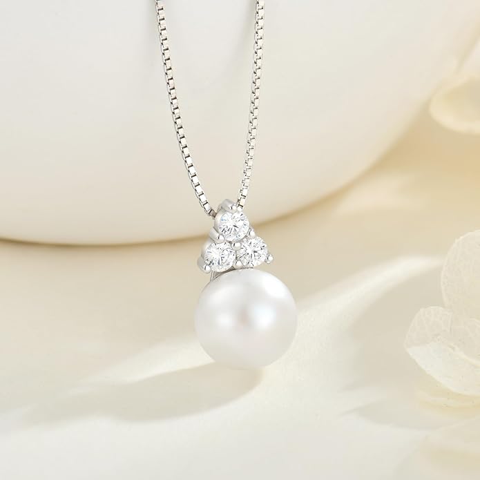 Fahonie Freshwater Pearl Necklaces for Women 925 Sterling Silver Single Pearl Pendant With 3 Birthstone Elegant Jewelry Gifts for Anniversary Mothers Day Christmas Gifts for Wife