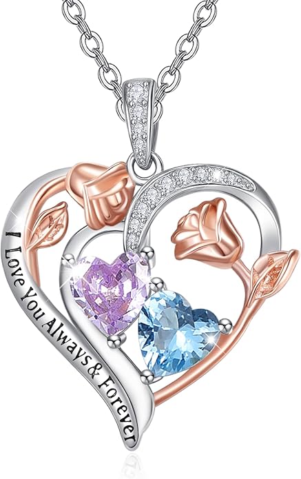 Zeuslia Double Birthstone Necklace Gifts for Wife - 925 Sterling Silver Sunflower/Rose/Crown Cross/Compass/Heart Pendant I Love You Necklace, Anniversary Birthday Gifts for Wife Girlfriend Mom Her