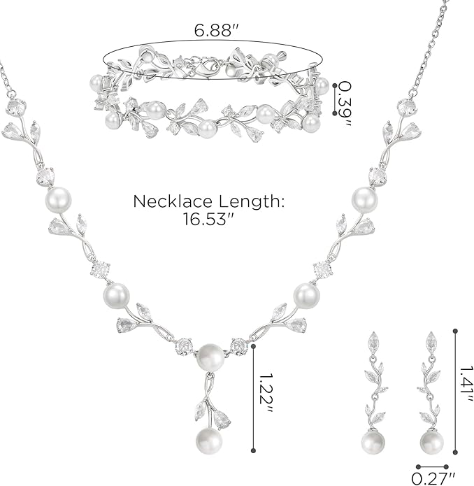 SWEETV Jewelry Set for Bride Women, Cubic Zirconia Pearl Bridal Earrings Necklace Bracelet Set, Bridal Jewelry Set for Wedding Prom