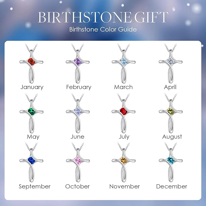 NINAMAID Cross Necklace for Women, 925 Sterling Silver Birthstone Necklace for Women with Diamond Sideways Cross Necklaces Birthstone Jewelry Birthday Gifts for Womens