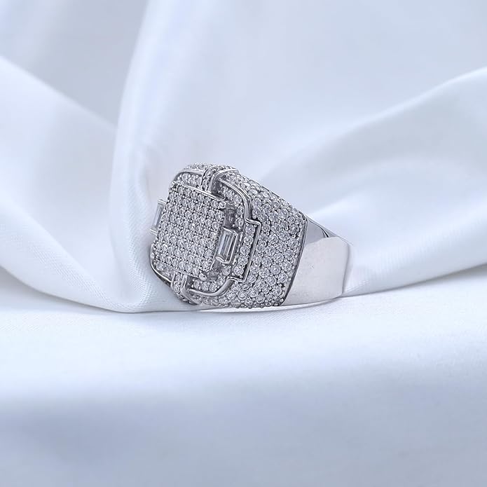 Wedding Anniversary Ring For Men's Baguette & Round Cut Lab Created Moissanite & Lab Grown Diamond Square Frame In 925 Sterling Silver 10K & 14K Solid Gold Jewelry 1.90 Cttw