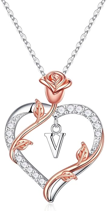 Rose Heart Initial Necklace Gifts for Women Girls, Letter Pendant Necklaces for Women Jewelry Anniversary Birthday Gifts for Her Wife Girlfriend Teen Girls