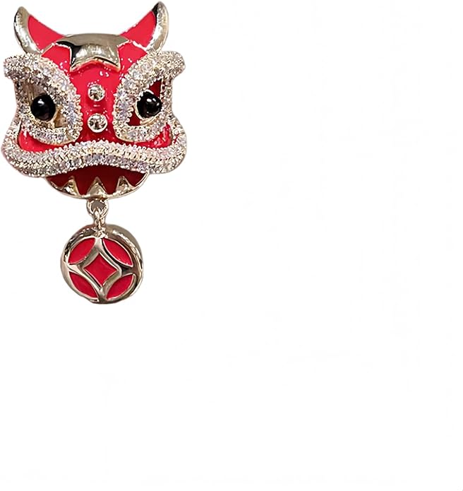 Chinese Lion Dance Brooch, Vintage Enamel Floral & Cat Eye Pearl Adjustable Lapel Pin for Women & Men – Traditional Asian Style Awakening Lion Brooch for Jacket, Blazer, Scarf, Qipao, Wedding, Festival Gift (Gold/Red/Blue)