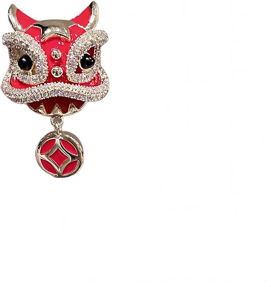 Chinese Lion Dance Brooch, Vintage Enamel Floral & Cat Eye Pearl Adjustable Lapel Pin for Women & Men – Traditional Asian Style Awakening Lion Brooch for Jacket, Blazer, Scarf, Qipao, Wedding, Festival Gift (Gold/Red/Blue)