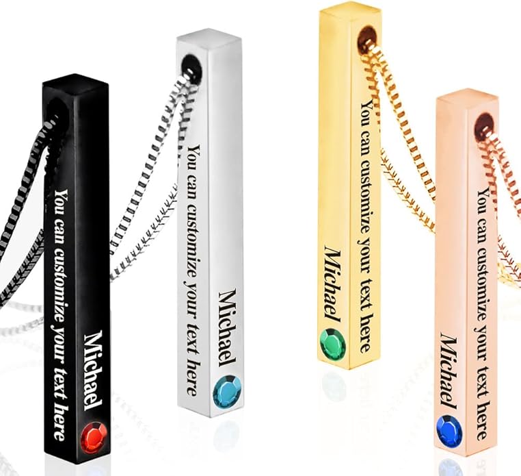 BellBlow- Personalized Bar Necklace Engraved with Name for Men Woman, Custom 3D Vertical Bar Pendant Name Chain Necklaces, 4sides Customizable Name Plate Necklace Jewelry Gift Boyfriend Girlfriend