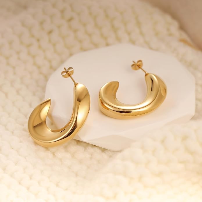 8YEARS Chunky Gold Hoop Earring for Women, 18K Gold Plated Lightweight Thick Hoops, Hypoallergenic Trendy Jewelry for Gift