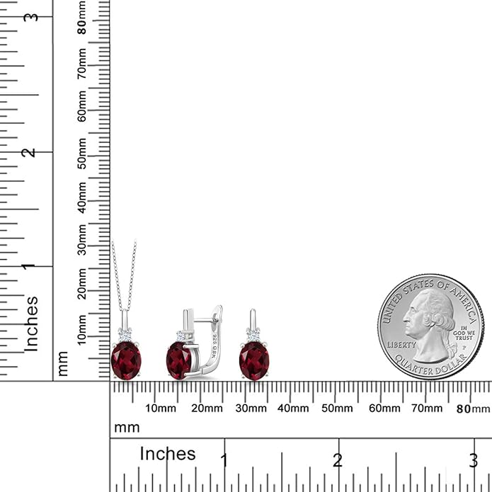 Gemstone Birthstone and White Created Sapphire Pendant and Earrings Jewelry Set for Women in 925 Sterling Silver | Oval 8X6MM and Round 2.5MM | With 18 Inch Chain | Fine Jewelry for Her Mom Women Wife