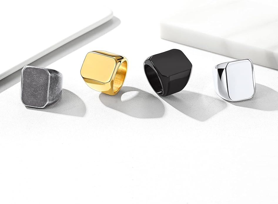 Bestyle Stainless Steel Signet Ring for Men Women in Gold/Black/Silver/Vintage Gray Tone, Chunky Thick Heavy Dome Band Ring Cool Finger Ring, Gift for Dad Husband, Size 7-14 Customizable