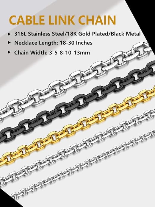 Hoyazvet Cable Chain Stainless Steel Necklace for Men Women, 3/5/8/10/13MM Width, 18K Gold Plated/Black Metal/316L Stainless Steel Sturdy Rolo Link Chain Necklace, 18-30inch Length
