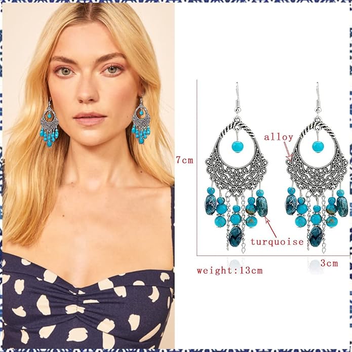 Bohemian Turquoise Necklace Set - Women's Western Jewelry with Long Choker, Pendant, Dangle Earrings, Layered Bracelets