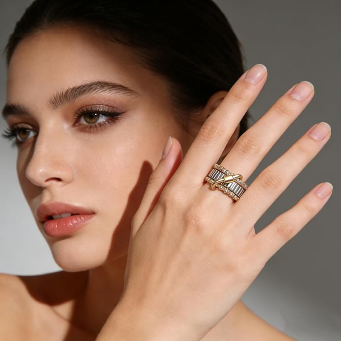 GT YIFU Statement Rings for Women, 18k Gold Plated Stackable Cubic Zirconia Rings, Silver Gold Multi Ring Mixed Metals Stackable Ring Set for Women Non Tarnish