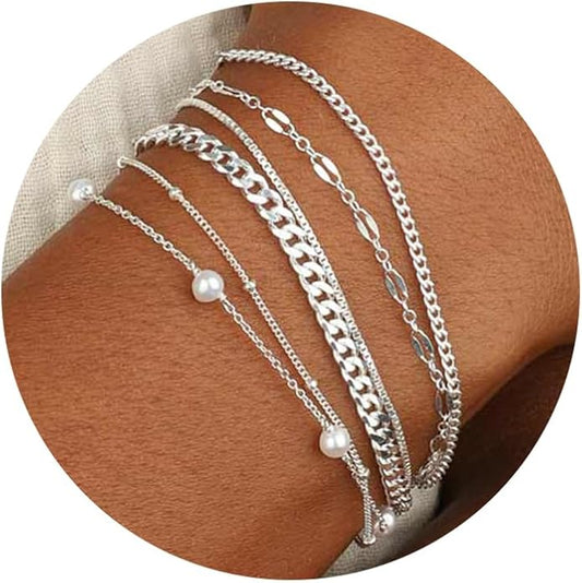 MBW 14K Silver Plated Bracelets for Women, Dainty Silver Bracelets for Women Set Bracelet Stack Waterproof Jewelry for Women Trendy Minimalist Simple Small Thin Bracelet Set for Women Teen Girls Gift