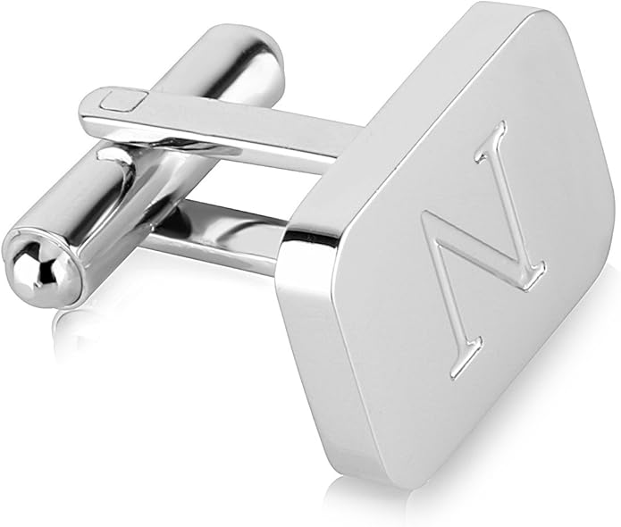 18K White-Gold Plated Initial Engraved Stainless Steel Men’s Cufflinks With Gift Box -Personalized Alphabet Letter’s A-Z By Lux & Pair
