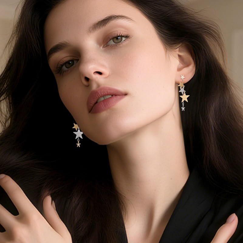 Gold and Silver Sparkly Big Star Drop Earrings Mixed Metal Two Tone Long Tassel Stud Earrings for Women Star Dangling Celestial Jewelry