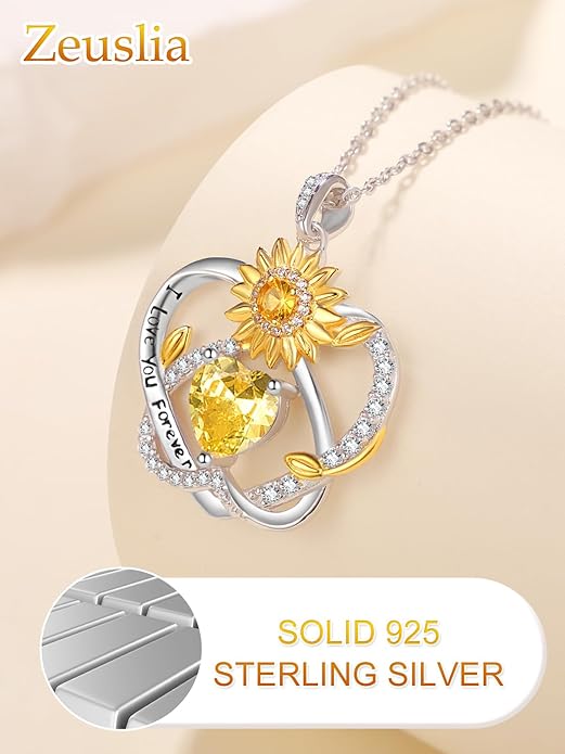Zeuslia Double Birthstone Necklace Gifts for Wife - 925 Sterling Silver Sunflower/Rose/Crown Cross/Compass/Heart Pendant I Love You Necklace, Anniversary Birthday Gifts for Wife Girlfriend Mom Her
