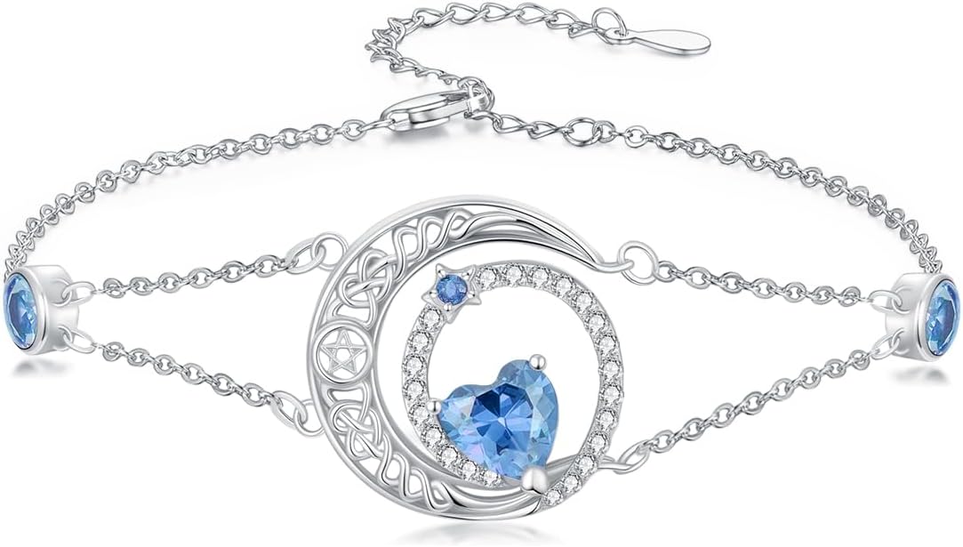 Dorunmo 925 Sterling Silver Moon Heart Birthstone Anklet Bracelets for Women Best Mother's Day Birthday Jewelry for Wife Girlfriend Mom Her