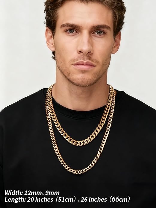 FindChic Cuban Link Chain for Men, 6/9/12mm Necklace Chain, Black/Gold Plated/Stainless Steel Necklace, Hypoallergenic & Tarnish-Proof Men's Jewelry Hip Hop Accessories, 18-30" Length Options