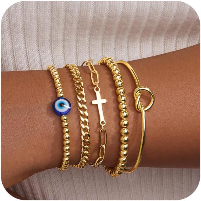 Gold Bracelets for Women Non Tainish,Dainty Bracelets Stack for Women Trendy, Gold Plated Cuff Bracelets Stack With Beaded Cuban Paperclip Snake Rope Bangle Hand Chain Jewelry Gifts for Women