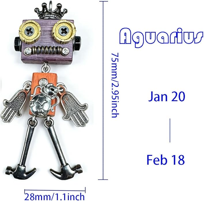 Steampunk Wooden Robot Pendant Necklace， Handmade Punk Style Pendant Zodiac Necklace for Men Women，Creative Birthday Gift