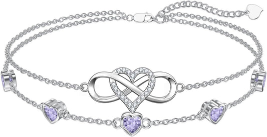 Dorunmo 925 Sterling Silver Infinity Heart Birthstone Anklet Bracelets for Women Best Mother's Day Birthday Jewelry for Wife Girlfriend Mom Her