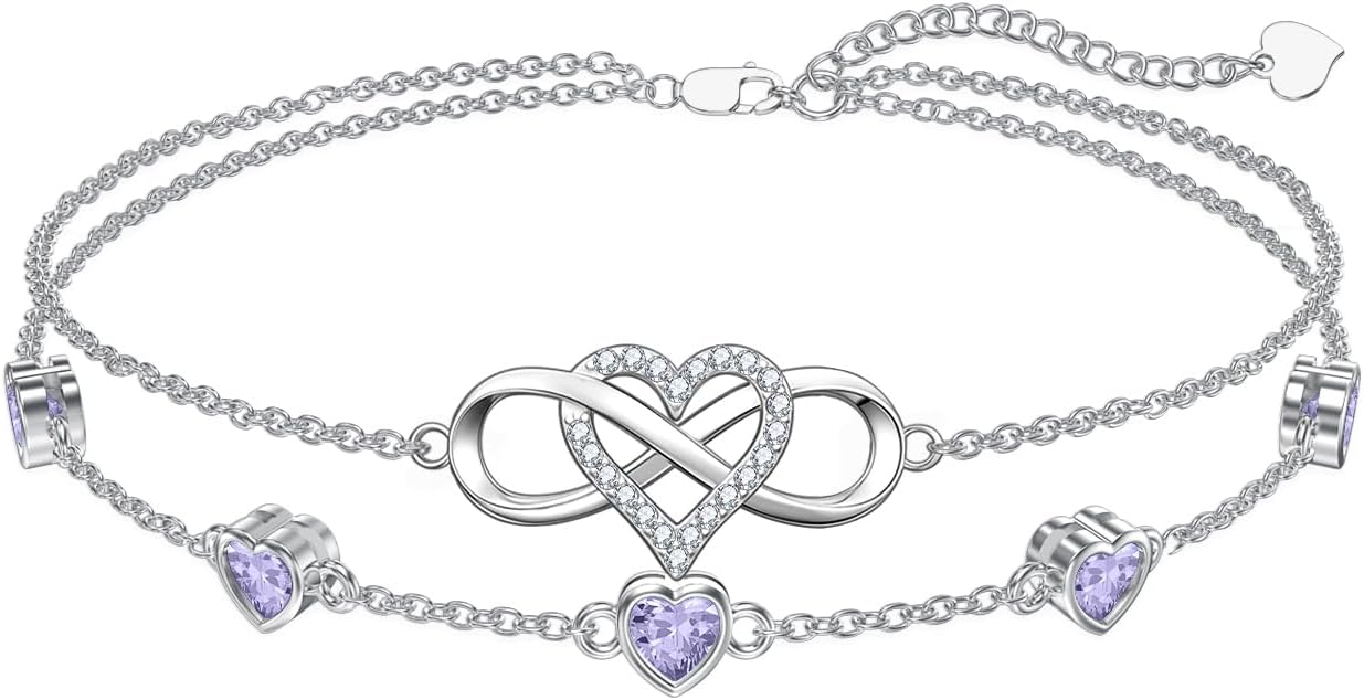 Dorunmo 925 Sterling Silver Infinity Heart Birthstone Anklet Bracelets for Women Best Mother's Day Birthday Jewelry for Wife Girlfriend Mom Her