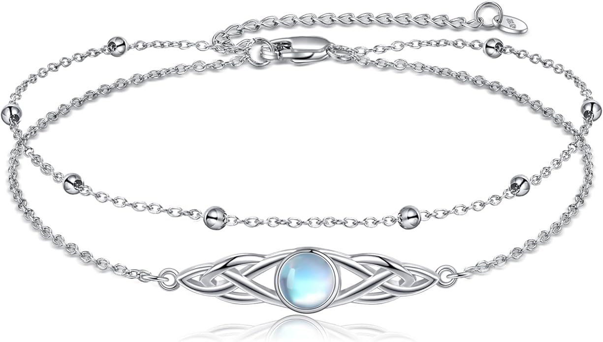 VONALA 925 Sterling Silver Celtic Anklet for Women Irish Moonstone Ankle Bracelet Moonstone Anklet Knot Viking Gemstone Jewelry