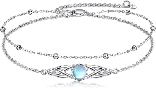 VONALA 925 Sterling Silver Celtic Anklet for Women Irish Moonstone Ankle Bracelet Moonstone Anklet Knot Viking Gemstone Jewelry