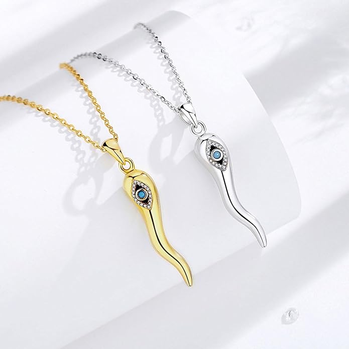 INFUSEU 925 Sterling Silver Italian Horn Evil Eye Necklace for Women Men Good Luck Protection Gifts