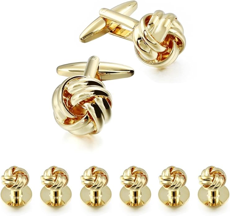 HAWSON Knot Cufflinks and Shirt Studs for Men in Gold or Silver Tone, Matching with White and Black Tuxedo, Suitable for Wedding Day or Formal Occasion.
