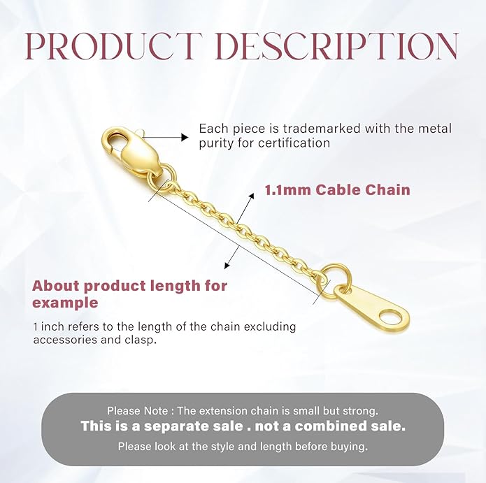 14k Gold Necklace & Bracelet Extender Chain, 1"/1.5"/2"/3"/4"/5" Durable Removable Gold Extension Chain