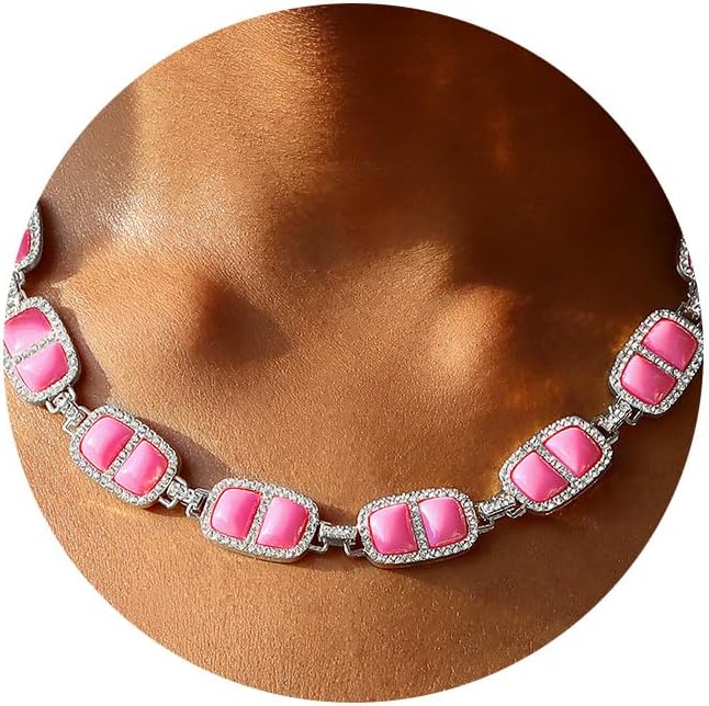 Chunky Necklace for Women 12 Colors Diamond Stone Gold Statement Necklace for Women Full Trendy Blue Birthstone Choker Necklace for Women Square Design Necklace Jewelry