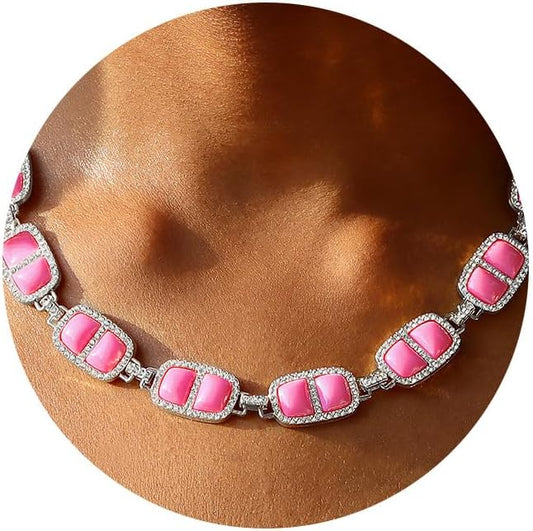 Chunky Necklace for Women 12 Colors Diamond Stone Gold Statement Necklace for Women Full Trendy Blue Birthstone Choker Necklace for Women Square Design Necklace Jewelry