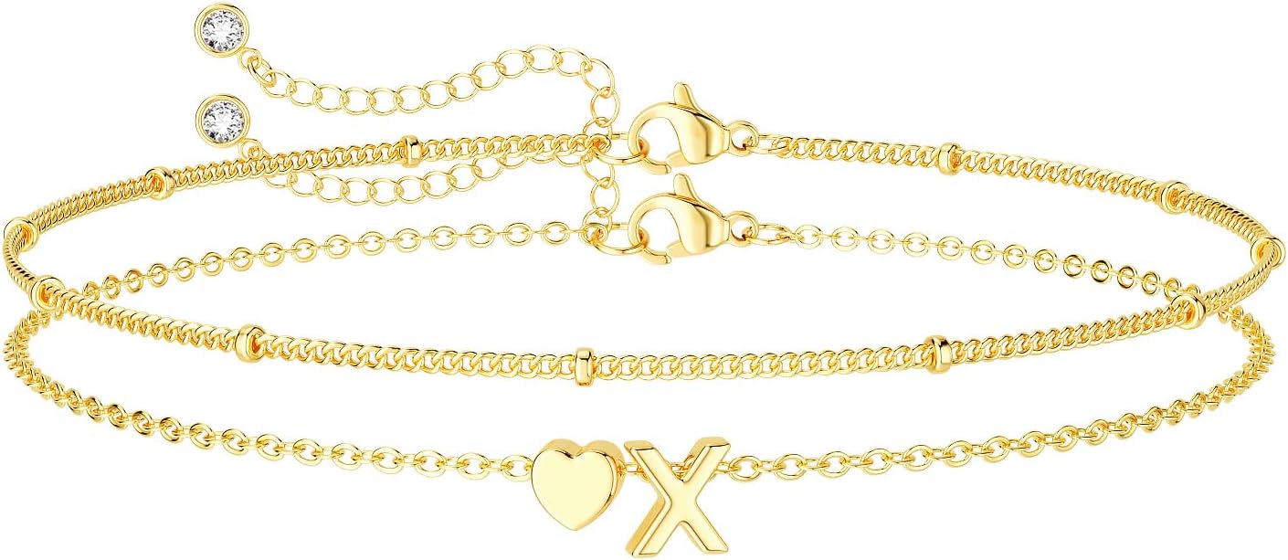 DEARMAY Dainty Initial Heart 14K Gold Plated Bracelets for Women Trendy, Letter Charm Bracelet Jewelry Cute Simple Fashion Chain Gift