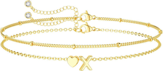 DEARMAY Dainty Initial Heart 14K Gold Plated Bracelets for Women Trendy, Letter Charm Bracelet Jewelry Cute Simple Fashion Chain Gift