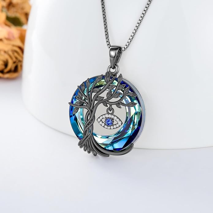 TOUPOP Evil Eye Necklace 925 Sterling Silver Tree of Life Circle Crystal Pendant Necklace Protection Jewelry Amulet Christmas Gifts for Women Her