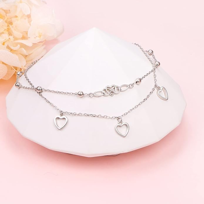 FLYOW Anklet for Women S925 Sterling Silver Adjustable Foot Beaded Heart Charm Ankle Bracelet Anklets Jewelry