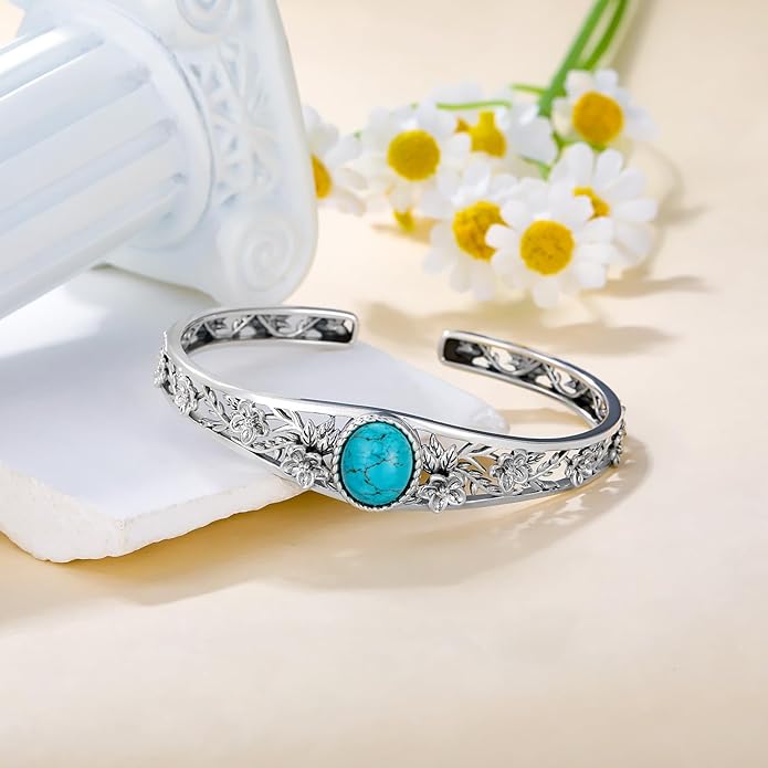 Genuine Turquoise Vintage Flower Bracelet Bangle, Sterling Silver Boho Adjustable Bangle Cuff Native American Jewelry for Women, Fit for 6.5 7 7.5 Inches