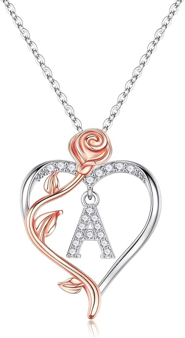 Yesteel Rose Heart Initial Necklaces Gifts for Women Teen Girls, Rose Love Heart Letter Pendant Necklace Jewelry Mothers Day Valentines Anniversary Birthday Gifts for Her Women Wife Girlfriend
