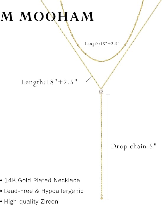 M MOOHAM Gold Lariat Necklace for Women - Dainty 14K Gold Plated Y-Shaped Long Drop Necklace Pearl Cross Clover Butterfly Cubic Zirconia Charm Layered Necklaces for Women Simple Jewelry Gifts