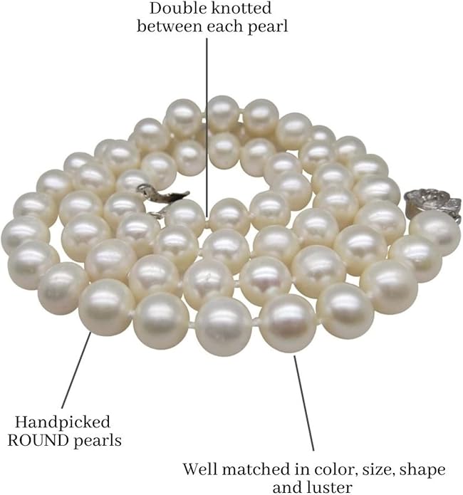 II ROUND PEARL II Real Pearl Necklace for Women Ivory Beige Cream White Pearls Jewelry Men Cultured Freshwater Sterling Silver Wedding