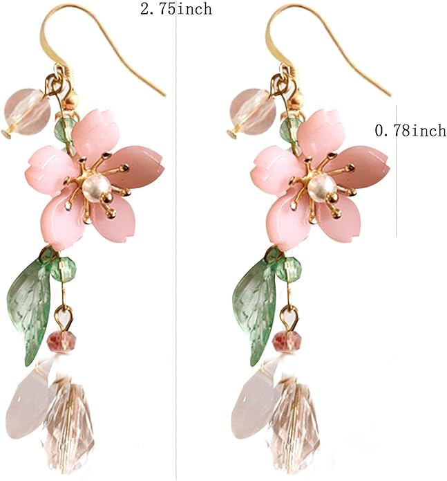 Pink Flower Dangle Earrings for Women Cute Asymmetry Flower Earrings Fairy Statement Summer Refreshing Seaside Idyllic Holiday Earrings