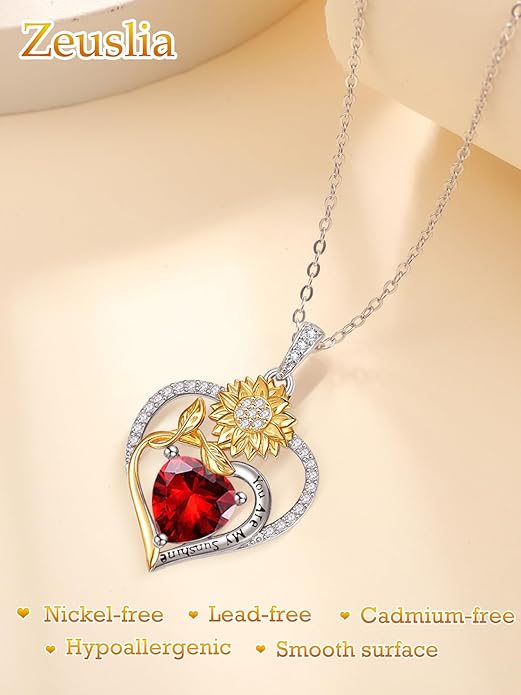 Zeuslia Double Birthstone Necklace Gifts for Wife - 925 Sterling Silver Sunflower/Rose/Crown Cross/Compass/Heart Pendant I Love You Necklace, Anniversary Birthday Gifts for Wife Girlfriend Mom Her