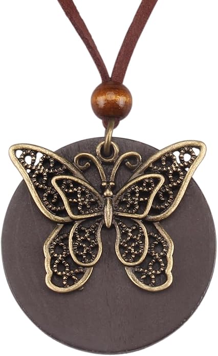 Long Boho Necklaces for Women Vintage Leather Wooden Pendant Y Choker Ethnic Style Gold Circle Hippie Sweater Necklace
