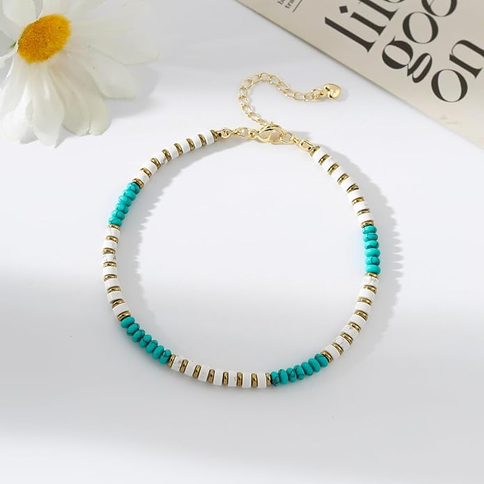 XIJIN Natural Stone Beaded Anklets for Women Handmade Beach Boho Turquoise Beads Ankle Bracelet Jewelry Gift for Her