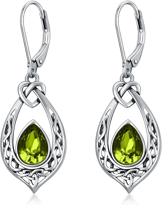 Celtic Knot Dangle Earrings 925 Sterling Silver Oxidized Vintage Drop Leverback Earrings with 8 * 6mm Simulated Birthstone Crystal Christmas Jewelry Gifts for Women (Gift Box)